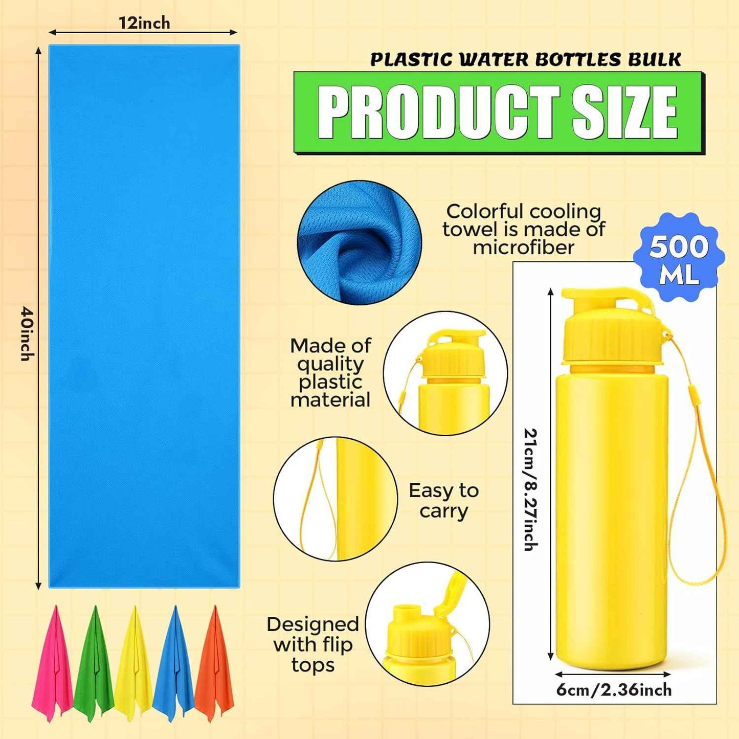 Reallnaive 24 Pcs 17 oz Plastic Water Bottles Bulk and Cooling Towel Set Reusable Gym Sport Colorful Water Bottles 40"x12" Breathable Ice Cooling Towels for Team Sport Travel Summer Gift