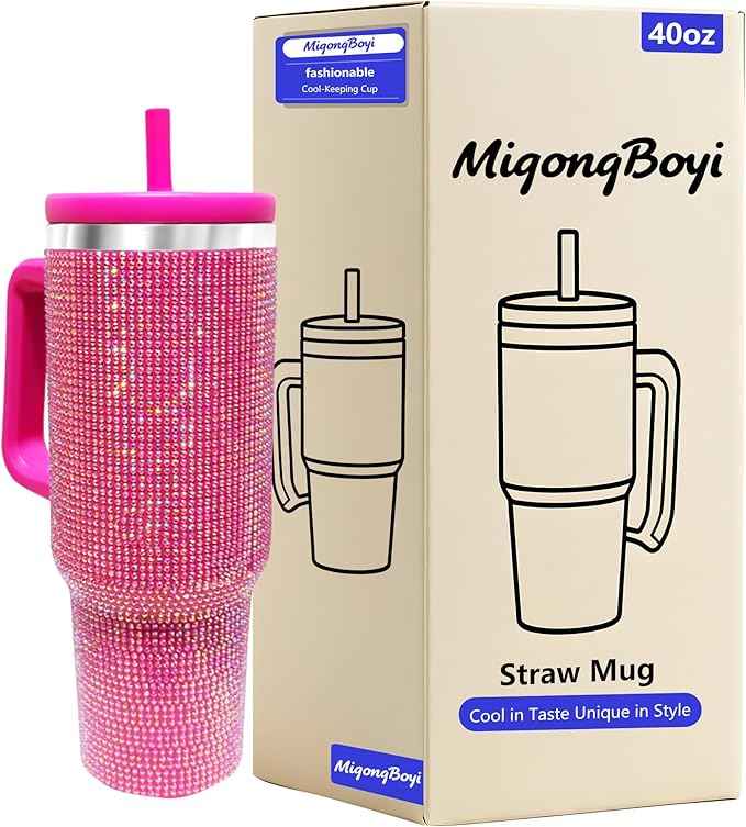 40-OZ Insulated Water Bottle,Insulated Stainless Steel Tumbler,Reusable Cold Drink Thermos,BPA-Free, Double-Wall Stainless Steel Water Bottle (Rose Red-Diamond, 40, Fluid Ounces)