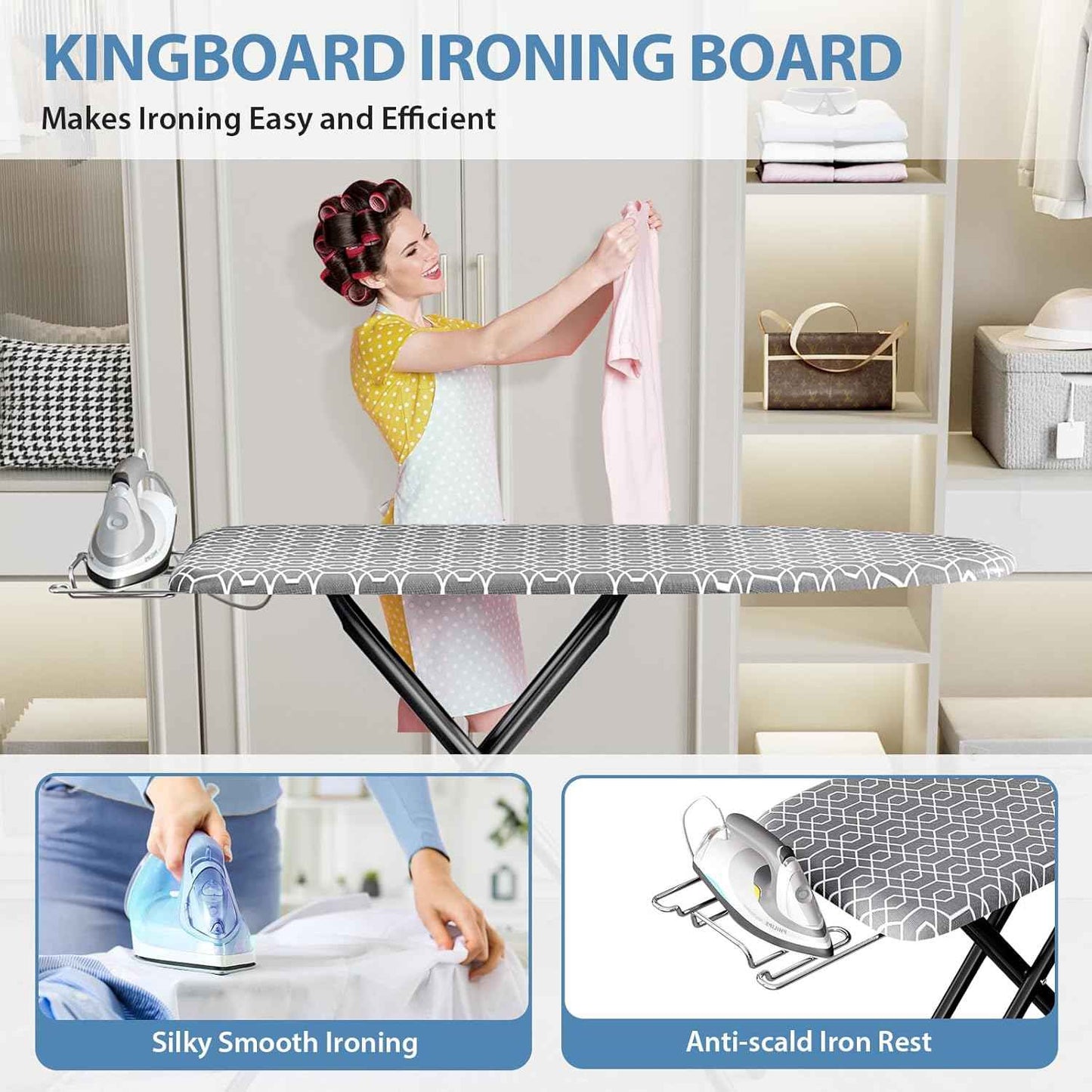 KINGBOARD Foldable Ironing Board Full Size, Iron and Ironing Board Set Standard Size, Iron Boards with Ironrest & Adjustable Height,Heavy Duty Iron Table Stand with Metal Legs &Thick Cover,43x13 Gray