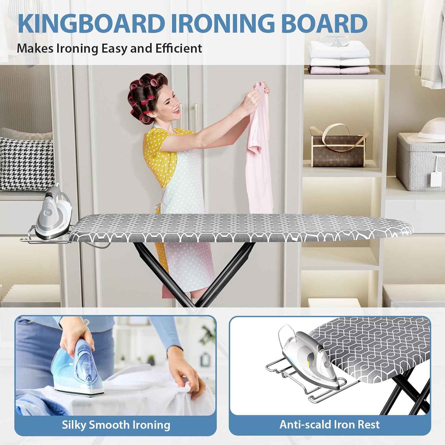KINGBOARD Foldable Ironing Board Full Size, Iron and Ironing Board Set Standard Size, Iron Boards with Ironrest & Adjustable Height,Heavy Duty Iron Table Stand with Metal Legs &Thick Cover,43x13 Gray