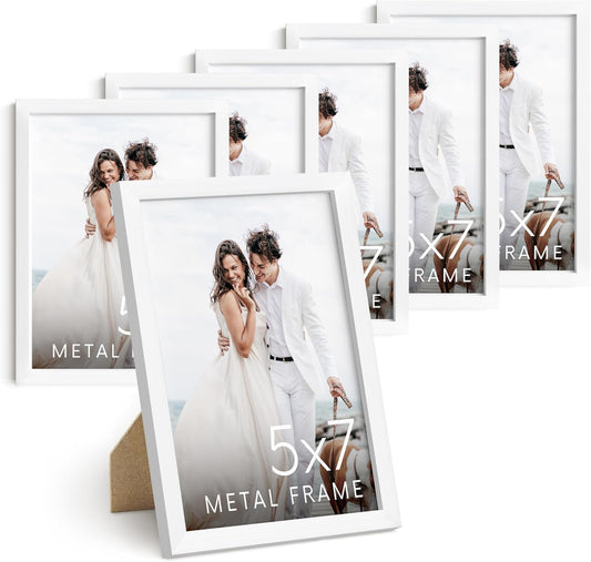 HAUS AND HUES 5x7 White Metal Picture Frames - Photo Frames 5X7 - Features Premium Aluminum, Vertical Hanging, Easel Back for Tabletop, Home, Office (5x7 in, White, Set of 6)