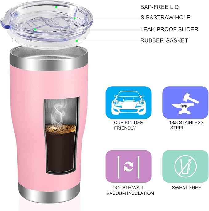 VEGOND 20oz Tumbler Stainless Steel Tumbler Cup with Lid And Straw Vacuum Insulated Double Wall Travel Coffee Mug(Pink 12 Pack)