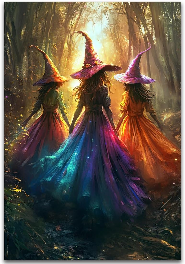 Halloween Room Decor Wall Art Colorful Witch Prints,Vintage Three Colorful Witches in Forest Halloween Posters,Fall Fantasy Aesthetic Pictures Playful Art Wall Decor for Bedroom,20"x30" Unframed