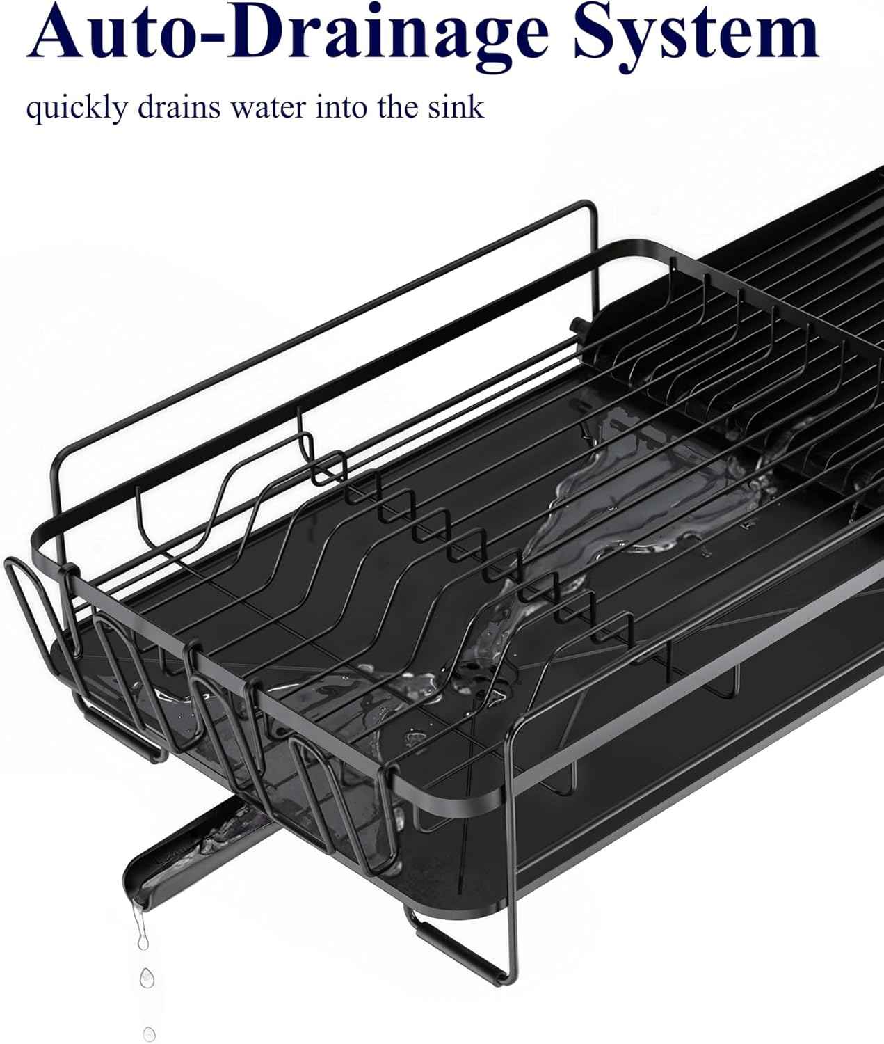 Kitsure Large Dish Drying Rack - Extendable Dish Rack, Multifunctional Dish Rack for Kitchen Counter, Anti-Rust Dish Drainers with Cutlery & Cup Holders 19.2"-26.7" L x 12.9" W, Black
