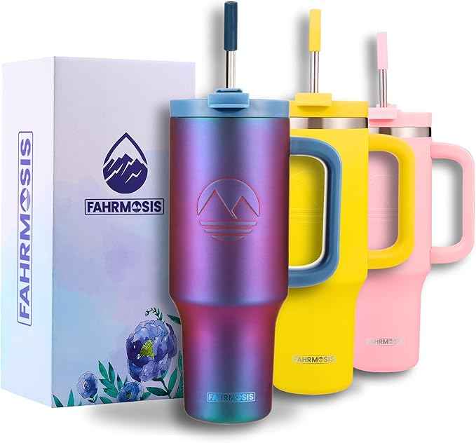 FAHRMOSIS 40 Oz Tumbler with Handle and Straw Insulated Cup that Fits in Cup Holder for Hot & Cold Drinks Leak Proof Tumbler with Straw Stainless Steel Travel Mug for Men & Women - Violet
