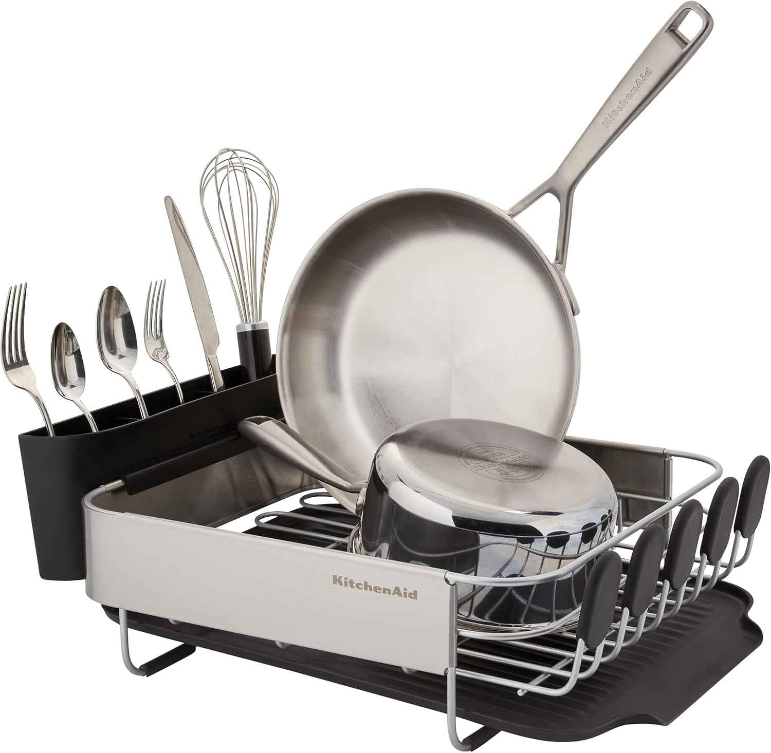 KitchenAid Compact, Space Saving Rust Resistant Dish Rack with Removable Flatware Caddy and Angled Self Draining Drainboard, 16.06-Inch, Black
