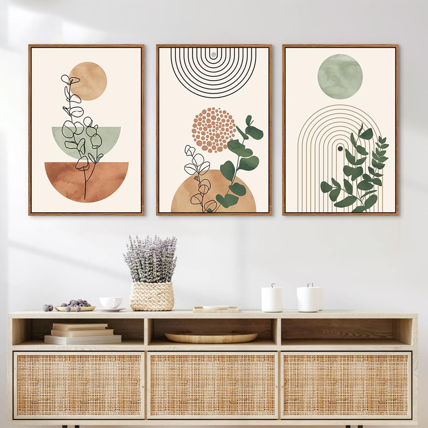 Boho Terracotta Green Framed Canvas Wall Art Set, Abstract Plant Wall Decor, Mid Century Modern Geometric Wall Painting, Neutral Abstract Art Print to Living Room, Bedroom, Office 36"x24"x3