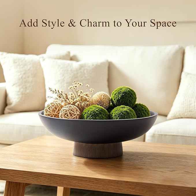 YMXYJM Modern Pedestal Fruit Bowl, Large Matte Resin Decorative Bowl with Faux Wood Base for Kitchen Counter, Living Room, Entryway Home Decor, Black