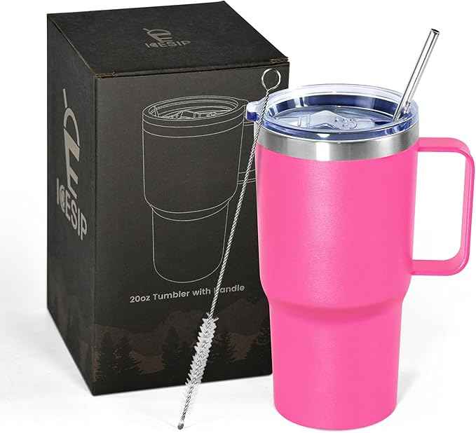 20 oz Tumbler with Handle, insulated cup coffee mug with lid, straw and handle, Double Wall Stainless Steel Vacuum Coffee Tumbler travel mug spill proof, 1pcs Rose Red