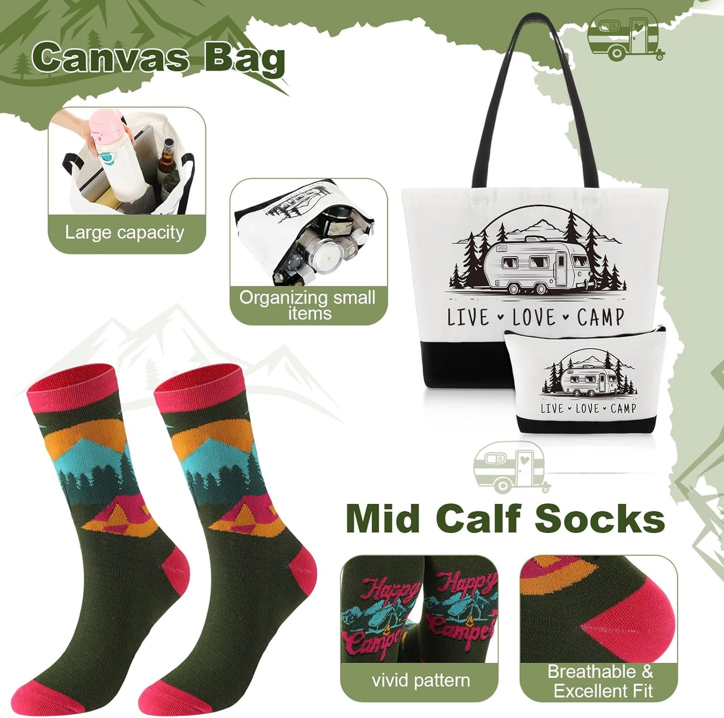 Patelai 4 Pcs Camping Gift Set Canvas Tote Bag 12 oz Stainless Steel Tumblers Socks Travel Makeup Bag Rv Camper Gifts for Women Men Picnics Hiking