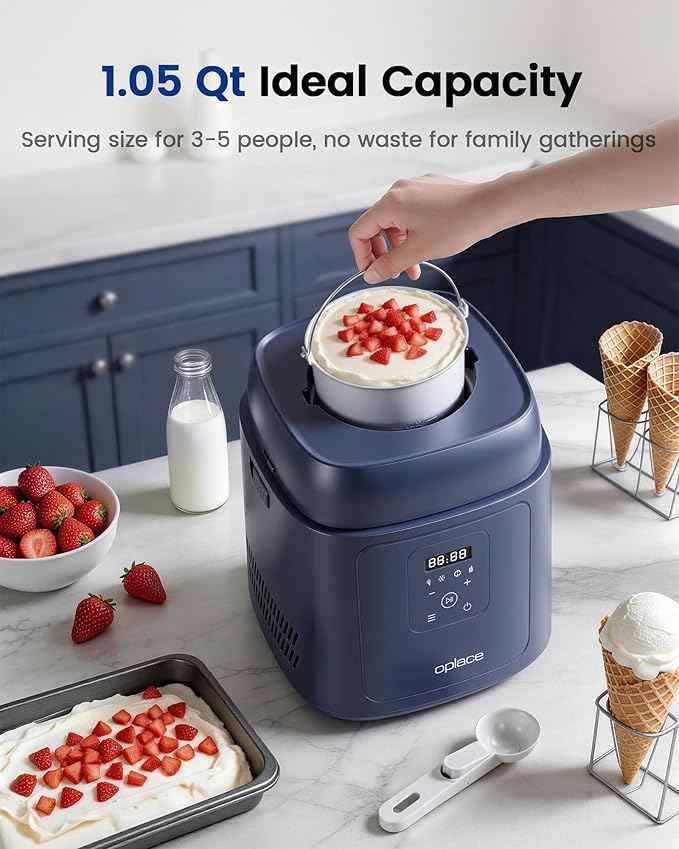 4-in-1 Compressor Ice Cream Maker (1.0Qt), No Pre-Freezing, Automatic Yogurt Maker, Gelato Sorbet Frozen Yogurt Soft Serve Machine, Compact Vertical Design for Home Kitchen(Blue)