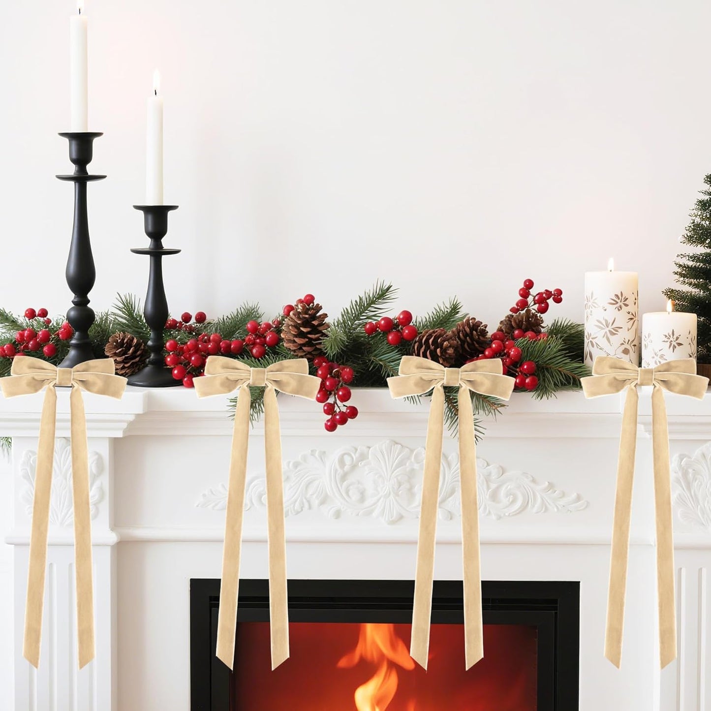 Senjie 10Pcs Large Velvet Christmas Tree Bows, 20in x 8in Premade Vintage Ribbon Tree Topper Bows Ornaments for Staircase Garland Wreath Holiday Home DIY Crafts Decorations, Khaki