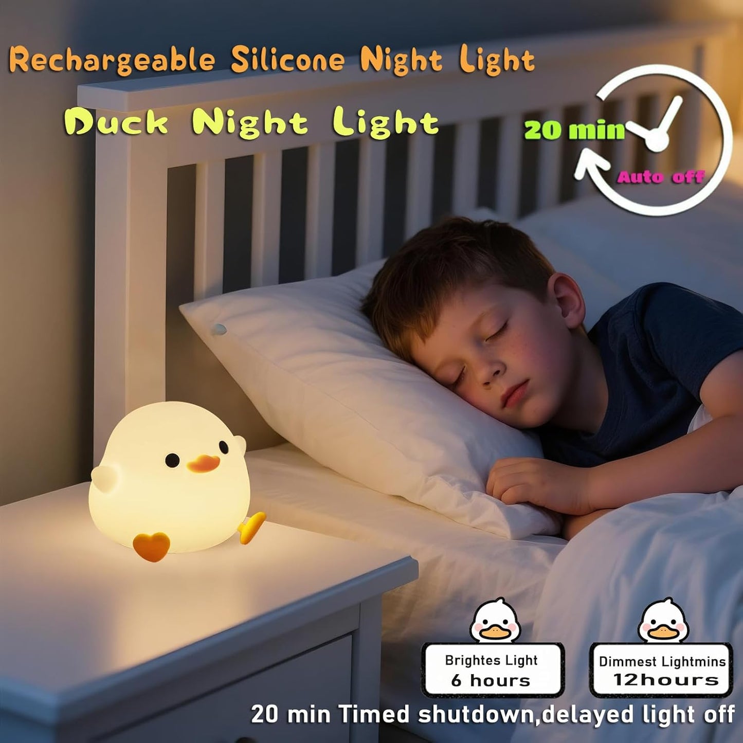 HAPPYBAG Cute Pea Duck Night Light,Duck Lamp,2 Levels Dimmable Silicone Ducky Light,LED Squishy Animal Light for Kids Sleep,Rechargeable Bedside Touch Lamp, Kids Room Decor Gift Toy