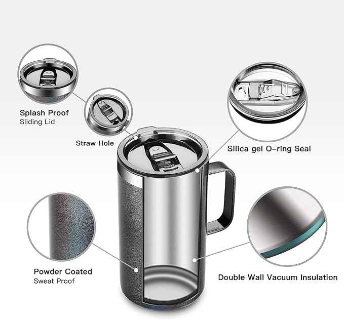 KXIAOCHEN 20oz Insulated Coffee Mug with Lid, Stainless Steel Coffee Cup, Double Wall Vacuum Coffee Tumbler with Handle, Premium Thermal Travel Coffee Mug (Glitter Black)