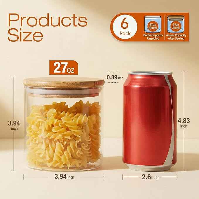 HomArtist Glass Jars with Bamboo Lids 27 FL OZ [Set of 6], Glass Canisters with Airtight Lids, Glass Food Storage Containers for Coffee, Sugar,Tea, Candies, Cookies,Best for Kitchen & Pantry