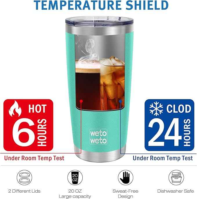 WETOWETO 20oz Insulated Stainless Steel Tumbler, Double Wall Vacuum Leak-proof Travel Coffee Mug, Powder Coated Water Cup (Cyan, 1 Pack)