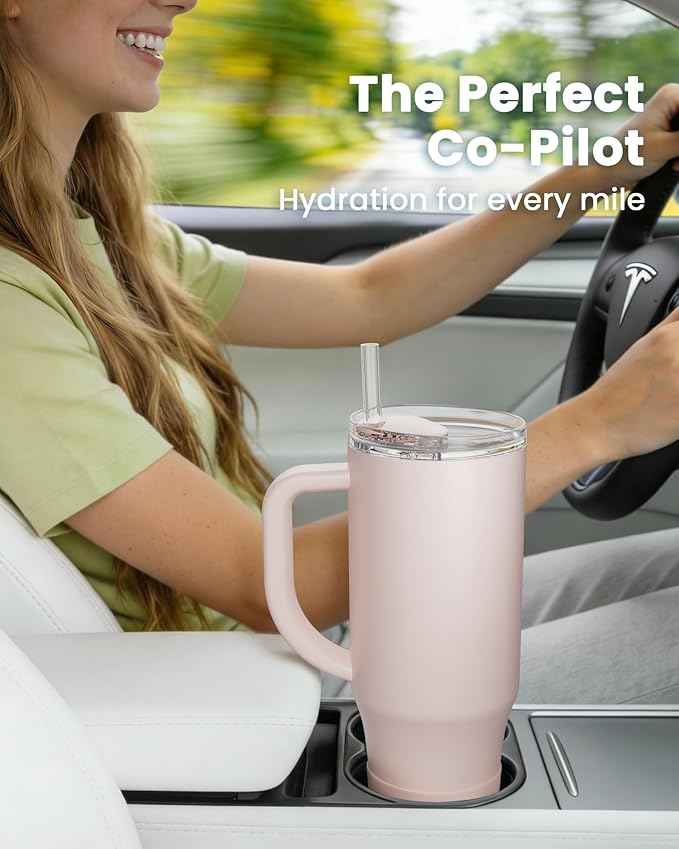 Renoj Insulated Mug 100% Spill Resistant Insulated Water Bottle for Iced Coffee & Hot Drinks - Fits Car Cup Holder, Ideal Gift, 2 Straws & Silicone Boot - FlexSlide Light Pink 40 oz