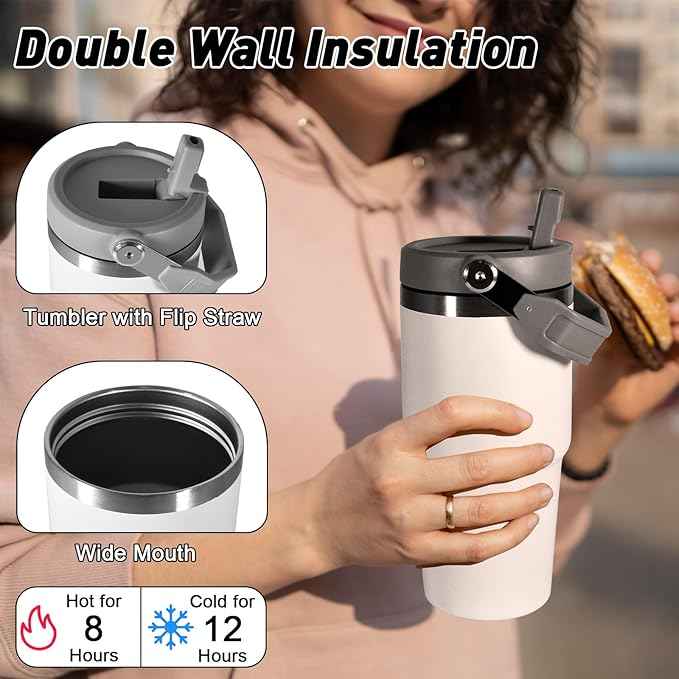 20 oz Tumbler with Handle, Insulated Tumbler with Lid and Flip Straw Leak Proof Double Wall Stainless Steel Vacuum Travel Coffee Mug Insulated Water Bottle Thermal Cup, Cupholder Friendly, White