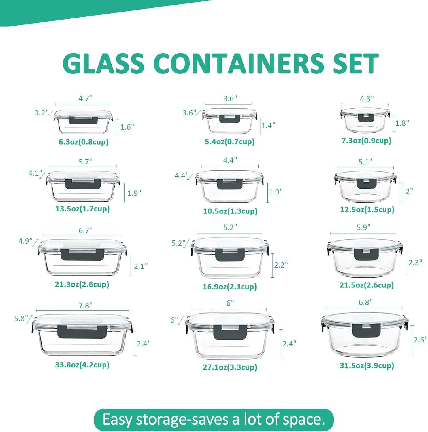 KOMUEE 24 Pieces Glass Food Storage Containers Set, Meal Prep Containers, BPA-Free Airtight Glass Storage Containers with lids,Freezer, Microwave and Oven Safe,Gray