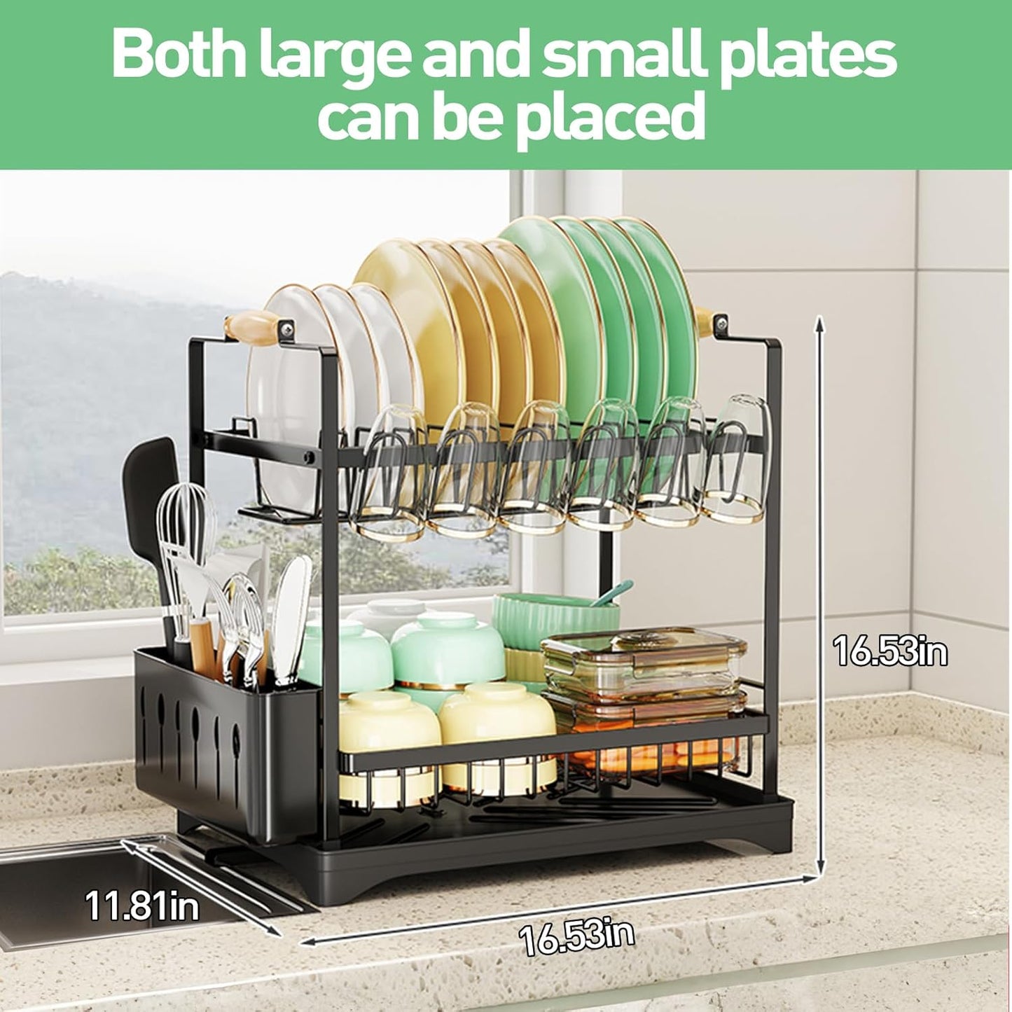 APSARAS USA 2-Tier Dish Drying Rack, Dish Rack with Wooden Holder Over The Sink Dish Drying Rack Kitchen, Rustproof Kitchen with Drainboard,16.5"x9.8" x19.7",Stainless Steel Drainers