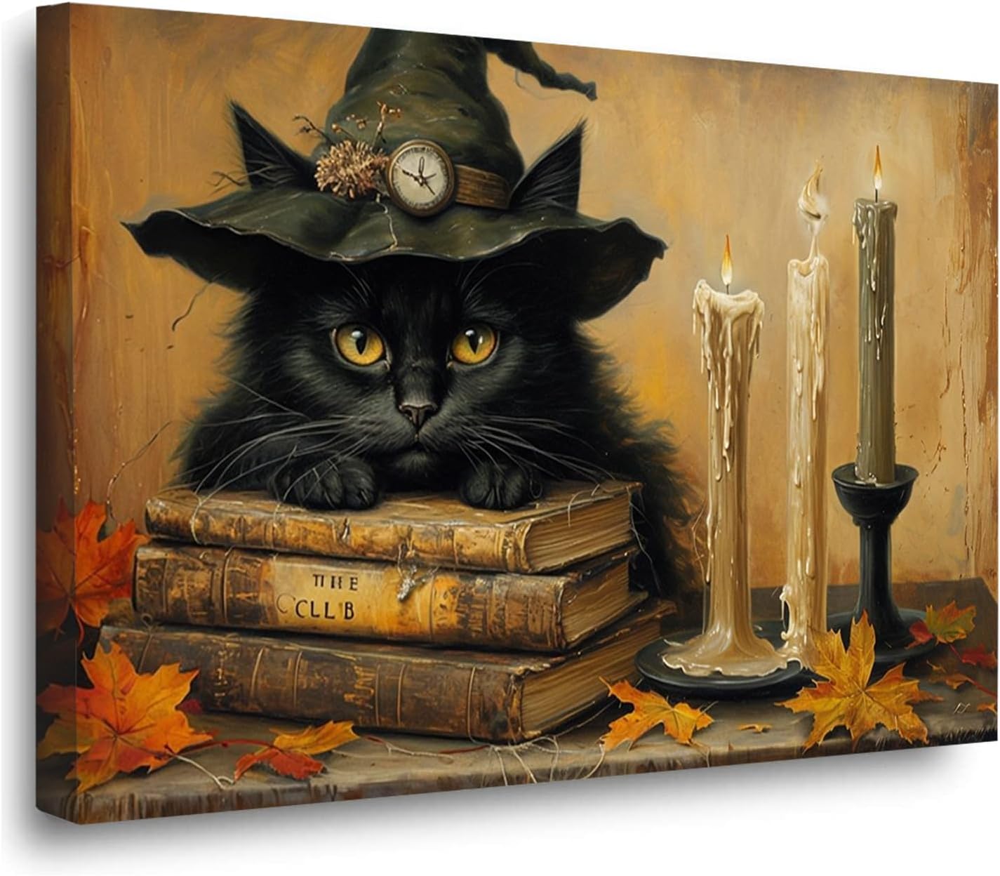 Vintage Halloween wall decoration black cat and magic book suitable for home bedroom living room decoration dark classic art witch wall decoration12x16in Wood Framed