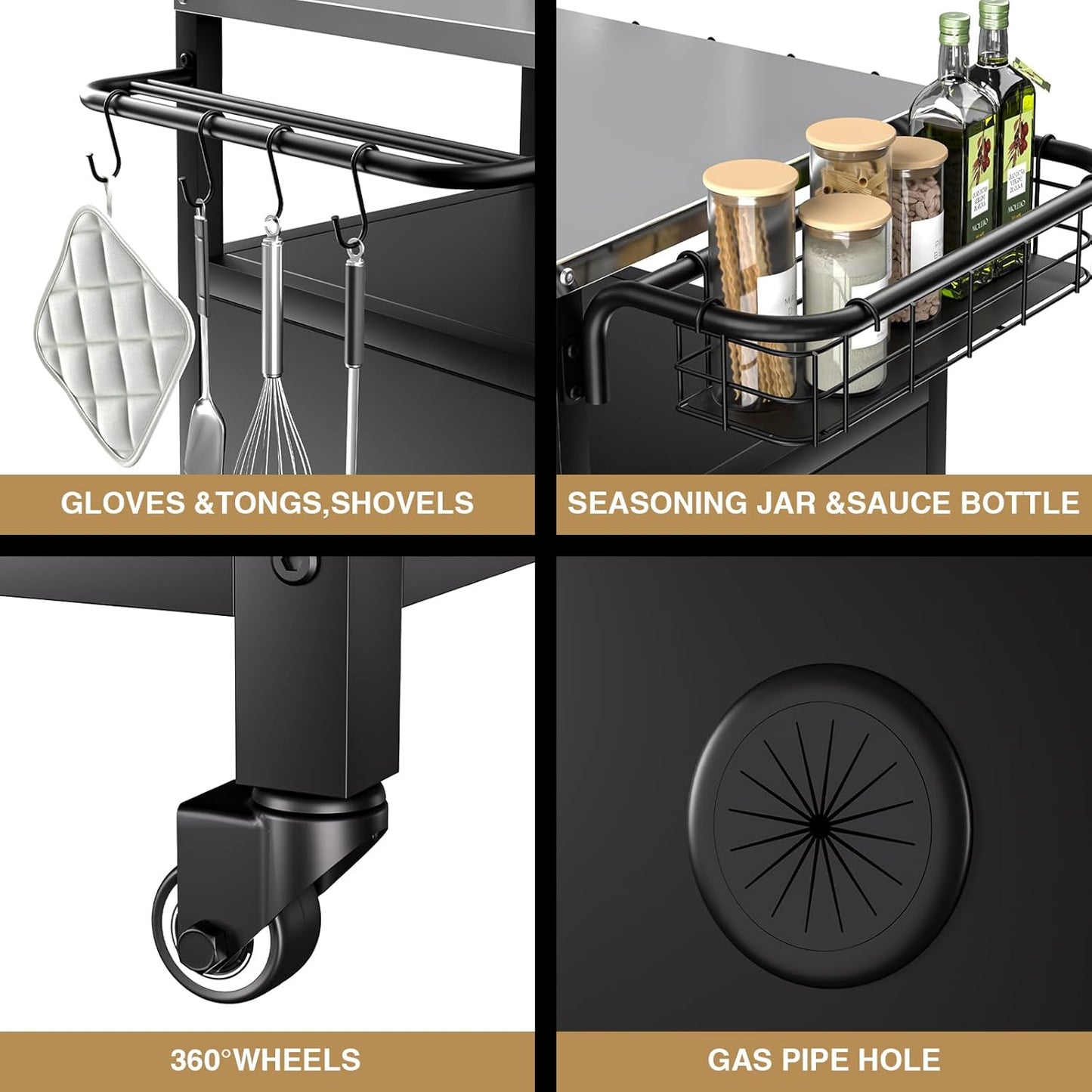 Outdoor Grill Cart with Storage Cabinet, Prep Table with Stainless Steel, BBQ Tables Cart Portable Patio Bar with Lockable Wheels, Movable Kitchen Island for Outside Backyard Patio