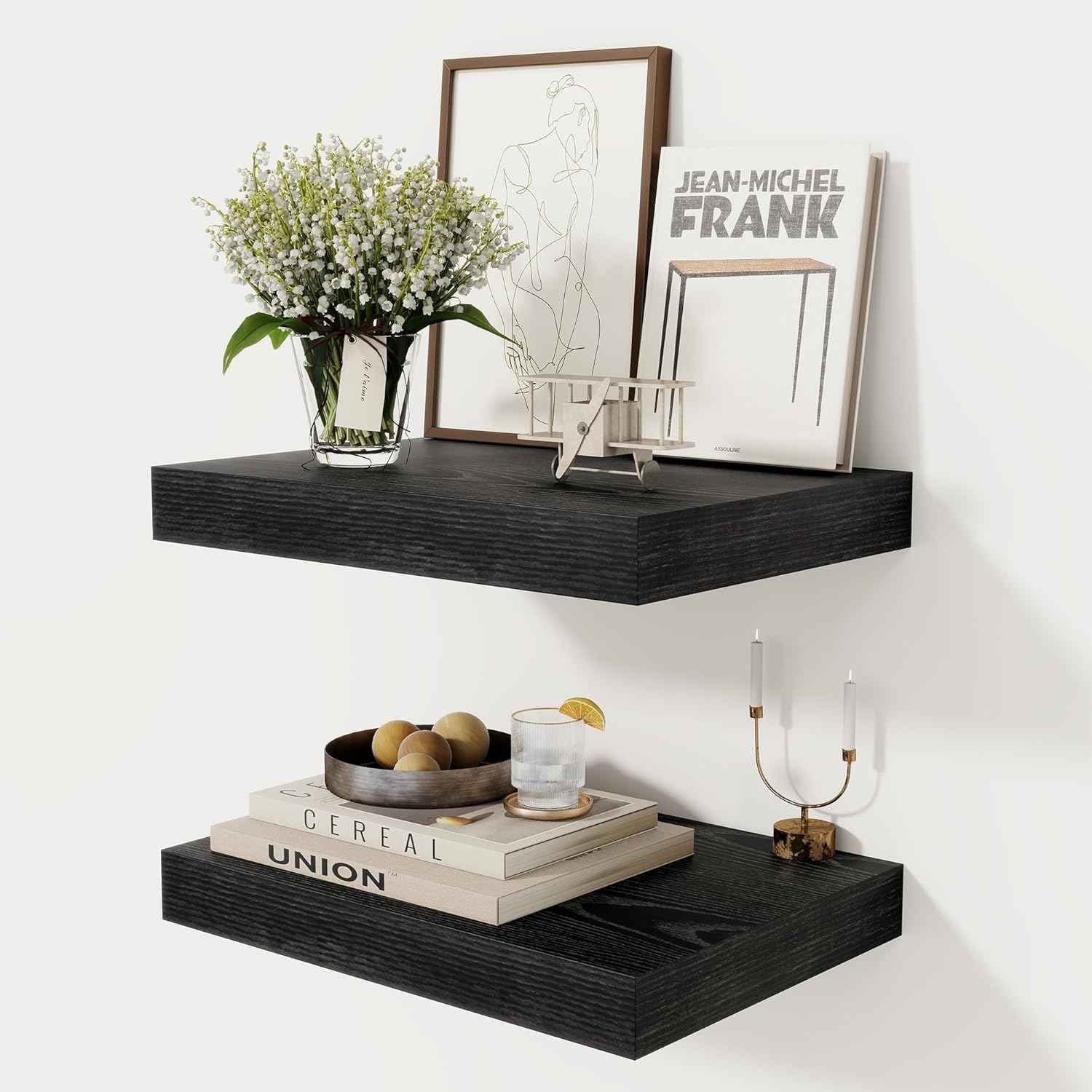 12 Inch Deep Black Floating Shelves, 16 x 12 Floating Shelf for Books, Rustic Wood Deep Wall Shelves for Home Storage & Display, 2" Thicked Shelves for Kitchen, Living Room, Bedroom, 2 Pack