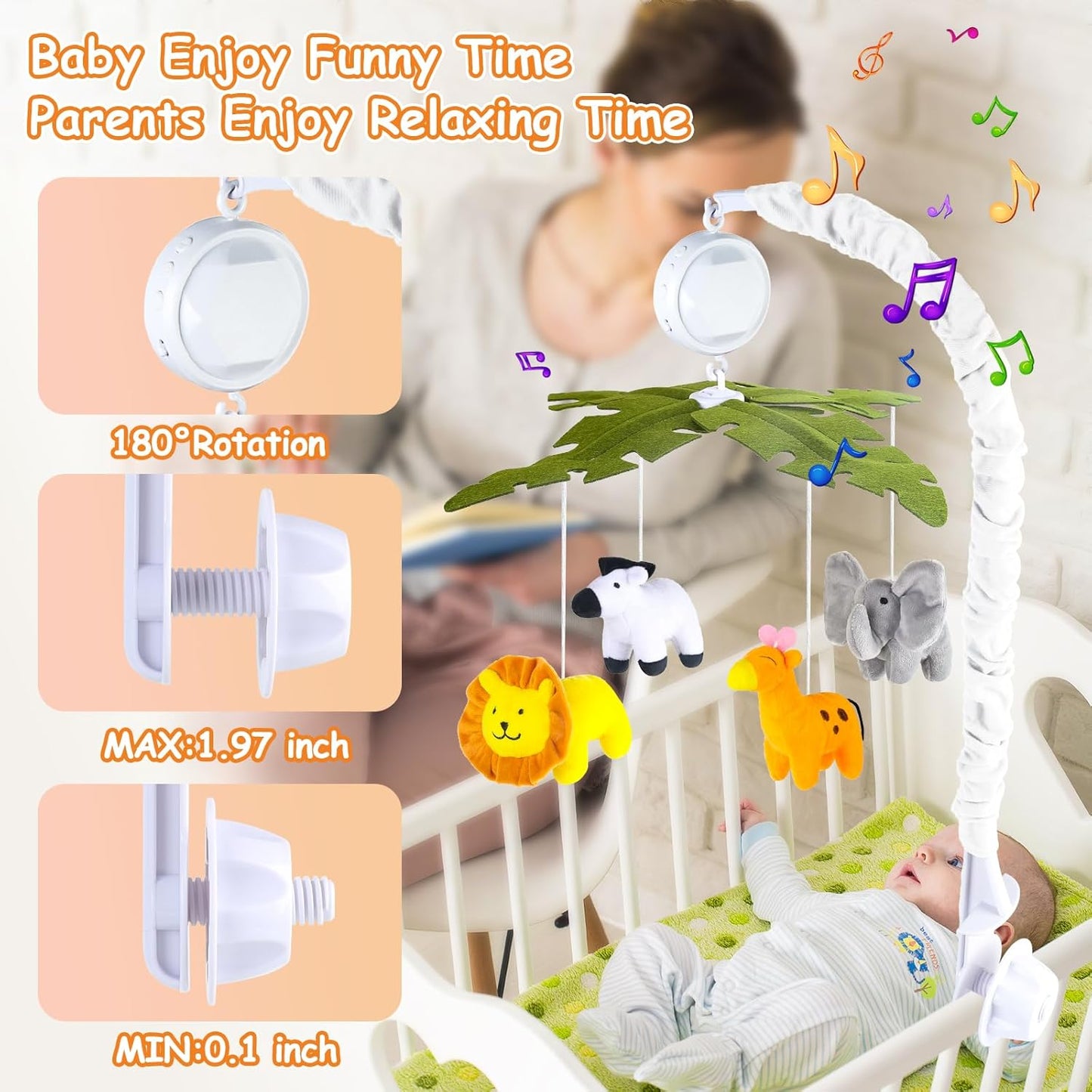 Baby Crib Mobile with Music and Lights, Mobile for Crib with Remote Control, Rotation, Starlight Projection, Crib Toys for Babies Boys Girls(Green)
