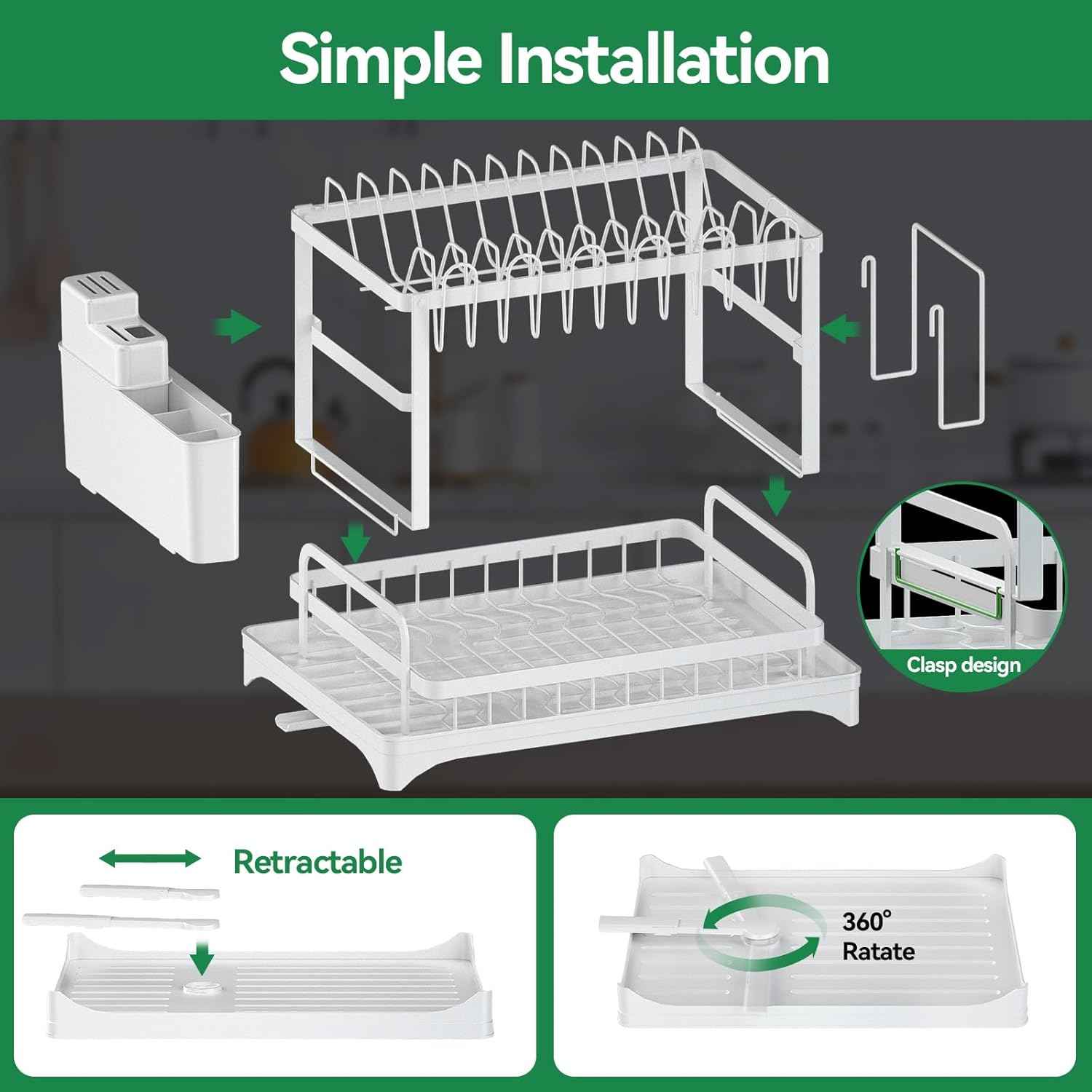 2-Tier Dish Drying Rack with Drainboard, Sink & Countertop Metal Dish Rack Organizer, Dish Drainers for Kitchen Counter, White Dish Racks