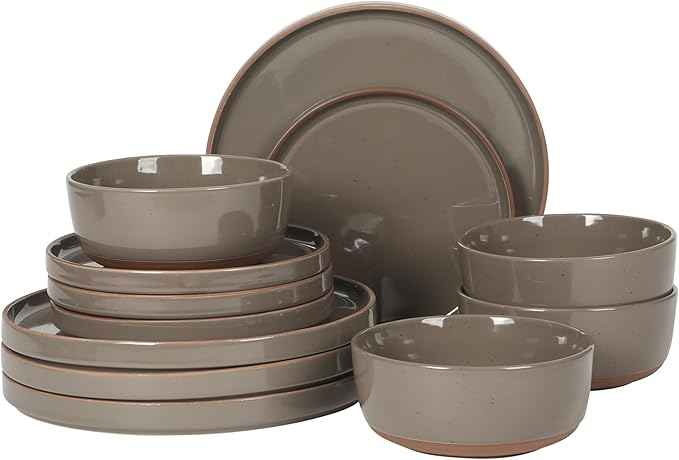 Gibson Elite Northrock Stoneware Dinnerware Set, 12-Piece Service for 4 Plates and Bowls Set – Gray Dishes with Hand-Painted Terracotta Base