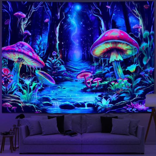 Yuiqear Blacklight Mushroom Tapestry Fantasy Forest Tree Tapestries UV Reactive Floral Plant Tapestries Neon Glow in The Dark Tapestry Wall Hanging for Bedroom Aesthetic Decor