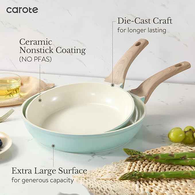 CAROTE 21-Piece Ceramic Pots and Pans Cookware Set, Non Stick Induction Cook Ware Kitchen Cooking Set Non-Toxic Health, PFAS Free
