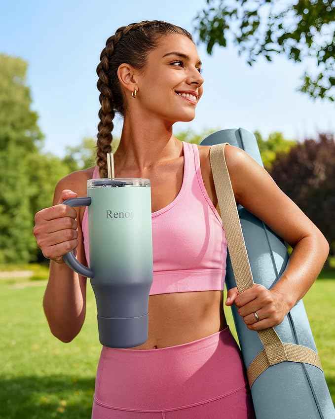 Renoj Insulated Mug 100% Spill Resistant Insulated Water Bottle for Iced Coffee & Hot Drinks - Fits Car Cup Holder, Ideal Gift, 2 Straws & Silicone Boot - FlexSlide Blue Gradient 32 oz