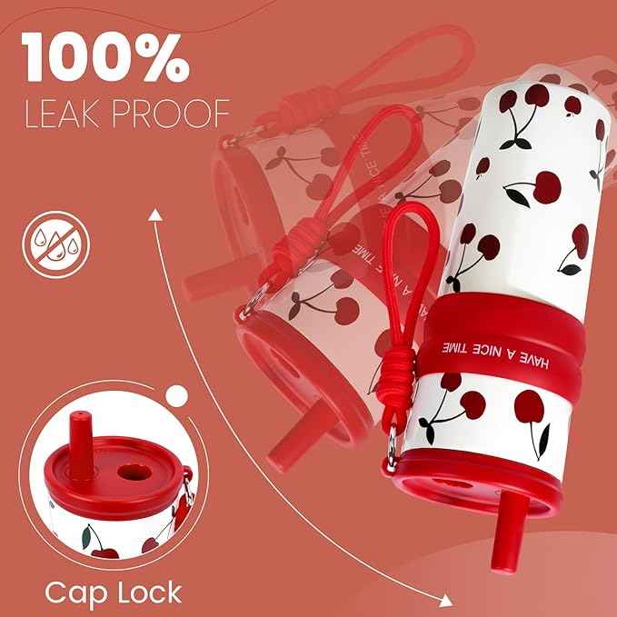 24 oz Stainless Steel Tumbler with Straw, Water Bottle Leak Proof for Hot and Cold, iced Insulated Coffee Travel Mug, Cherry Ceramic Lined Tumbler, Reusable Thermal Coffee Cup Gift for Women