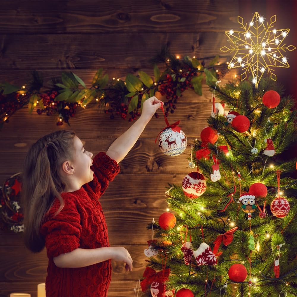 hogardeck Christmas Tree Topper, 10 Inches Lighted Gold Snow Tree Topper, 20 LED Lights Gold Glitter Powder Snowflake Tree Toppers Christmas Decorations, Battery Powered Timer Xmas Treetop Star Decor