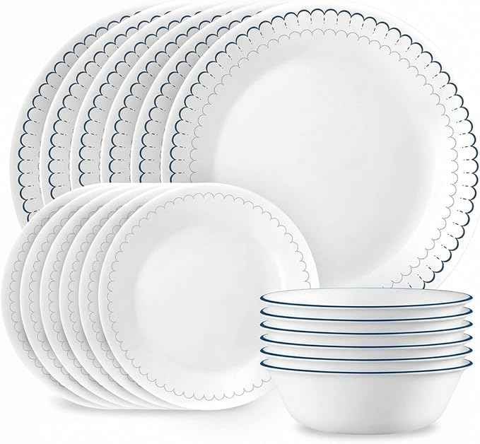 Corelle 18-Piece Dinnerware Set Service for 6, Lightweight Round Plates and Bowls Set, Vitrelle Triple Layer Glass, Chip Resistant, Microwave and Dishwasher Safe, Caspian