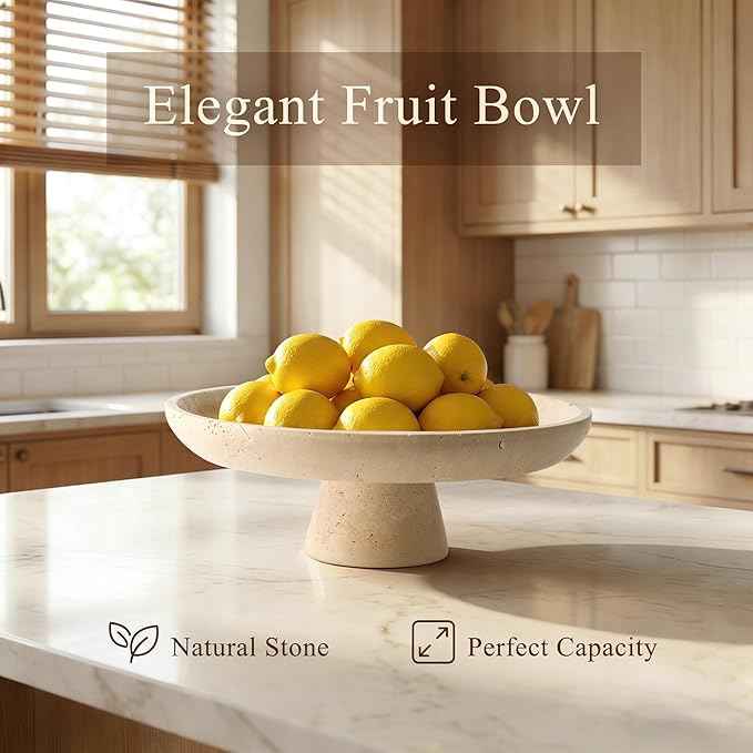 YMXYJM Natural Marble Pedestal Fruit Bowl, Large Decorative Bowl for Kitchen Counter/Living Room/Dining Table/Entryway, Beige