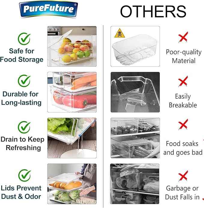 Pure Future 10-Pack Clear Fridge Organizer Containers with Lids, Stackable BPA-Free Refrigerator & Produce Storage Containers with Drain Tray & Anti-Slip Base for Fruits, Veggies & Drinks