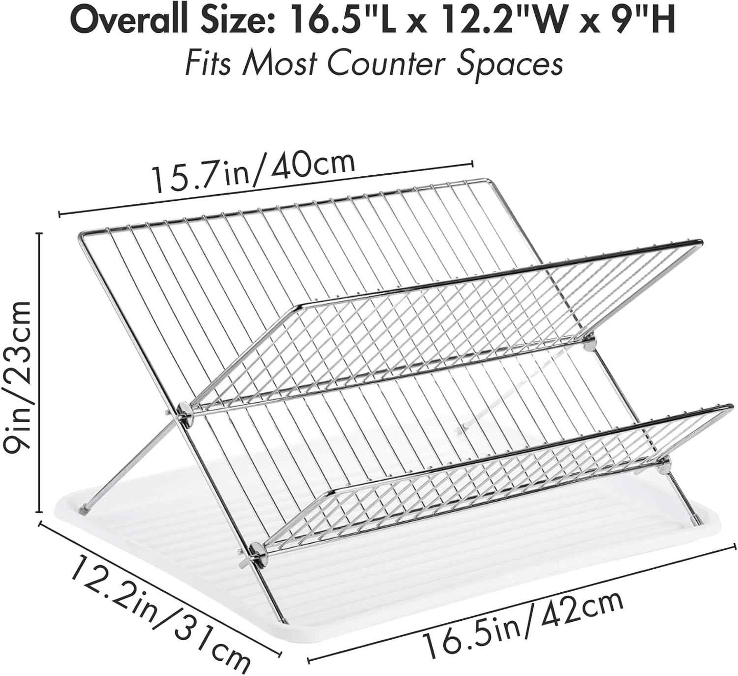 Youeon Foldable Dish Drying Rack with Drip Tray, Stainless Steel 2 Tier Dish Drainer Rack, Collapsible Dish Drainer, Folding Dish Rack for Kitchen Sink, Countertop, Cutlery, Plates, Dishes
