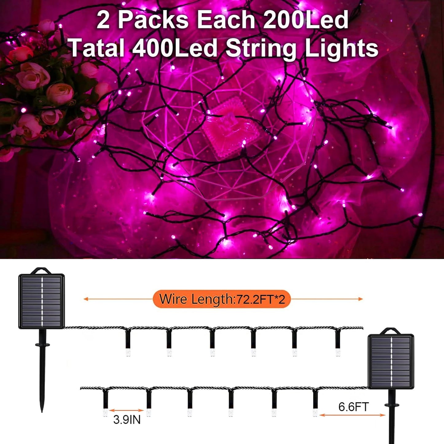 Valentines Day Solar Christmas String Lights Outdoor Pink 2 Pack 144ft 400LED Fairy Lights with 8 Modes, IP44 Waterproof Lights for Tree Garden Patio Wedding Party Yard Decor