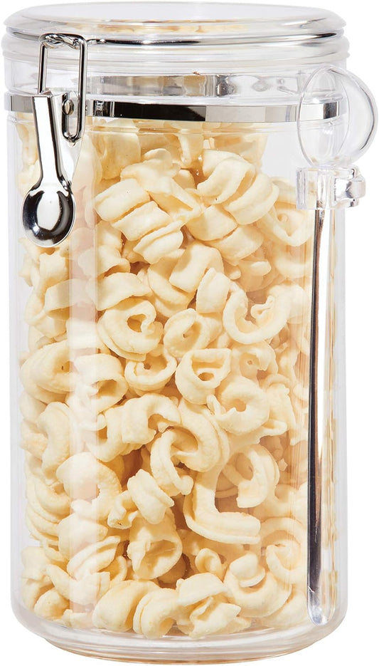 Oggi Clear Canister Airtight 72oz - Clamp Lid & Spoon - Airtight Food Storage Container, for Kitchen & Pantry Storage of Bulk, Dry Foods, Pasta, Flour, Sugar, Coffee, Rice, Tea, Spices & Herbs