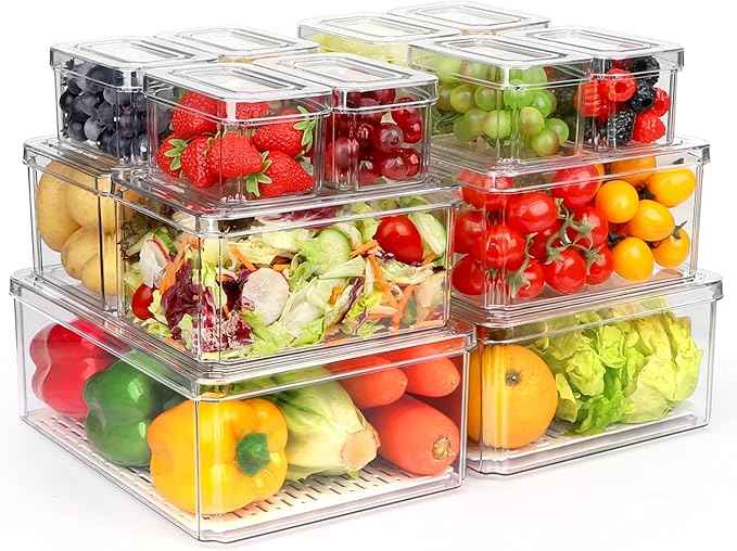 14 Pack Fridge Organizer, Stackable Refrigerator Organizer Bins with Lids PBA-Free, Clear Fridge Organizers and Storage for Kitchen, Countertops, Cabinets, Fridge, Drinks, Fruits, Vegetable, Cereals