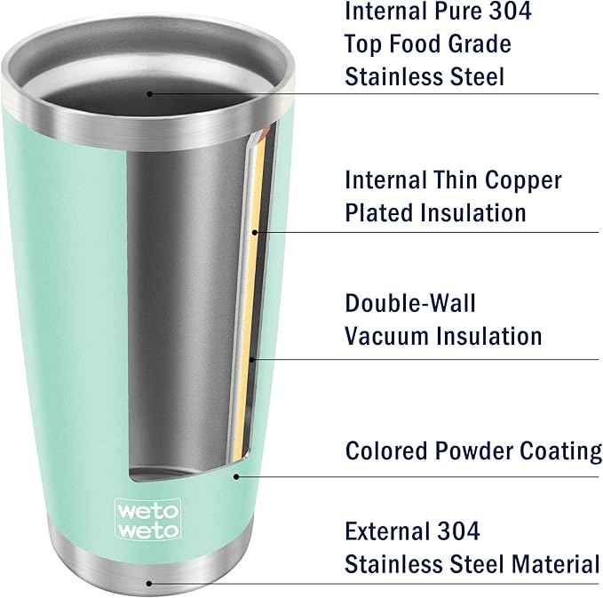 WETOWETO 20oz Tumbler with 2 lids and 2 straws, Stainless Steel Vacuum Insulated Water Coffee Tumbler Cup, Double Wall Powder Coated Spill-Proof Travel Mug Thermal Cup (Light Green, 1 Pack)