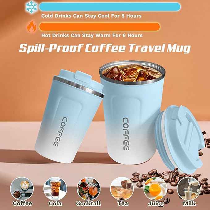 SPLMIFA Travel Coffee Mug Leak-Proof, Reusable Coffee Cups with Lids, Stainless Steel Vacuum Insulated Coffee Tumblers, Thermal Insulation Cup for Men and Women Hot & Cold Drinks(2nd-Blue White, 17OZ)