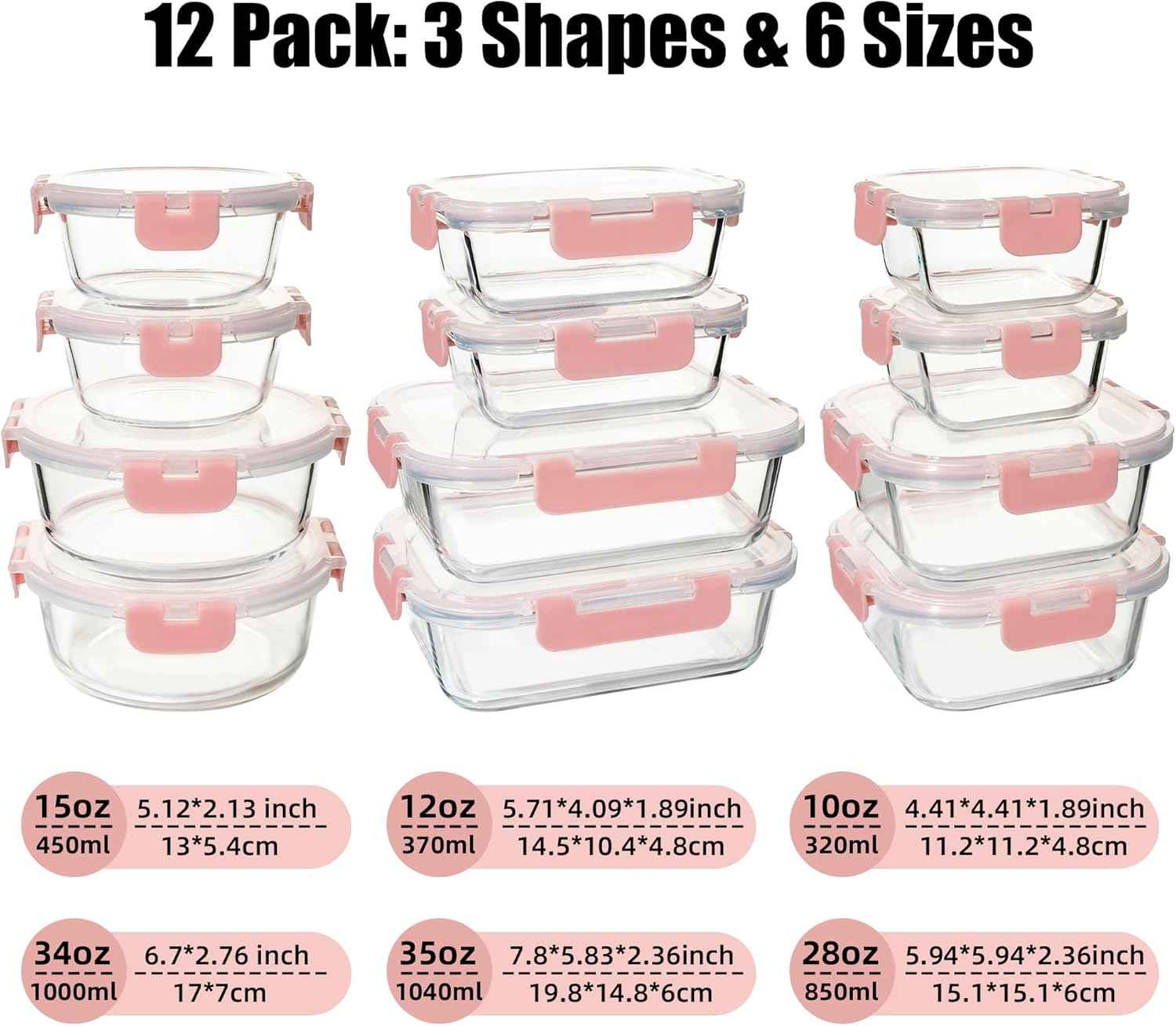 12 Pack Glass Food Storage Containers Set, Glass Meal Prep Containers with Lids, Airtight Lunch Containers, Dishwasher Safe, pink