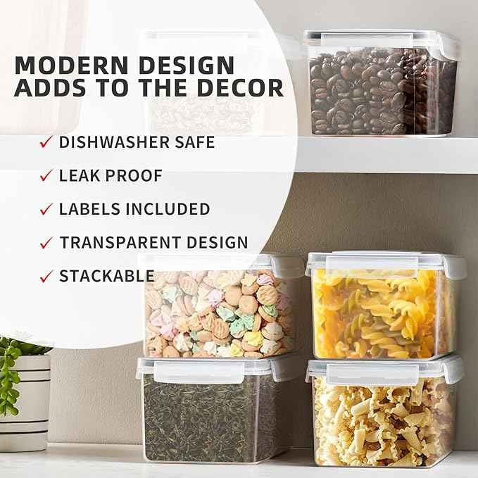 Airtight Food Storage Containers with Lids, BPA-Free Plastic Canisters for Pasta, Spaghetti & Kitchen Pantry Organization 4pcs (3.2L)