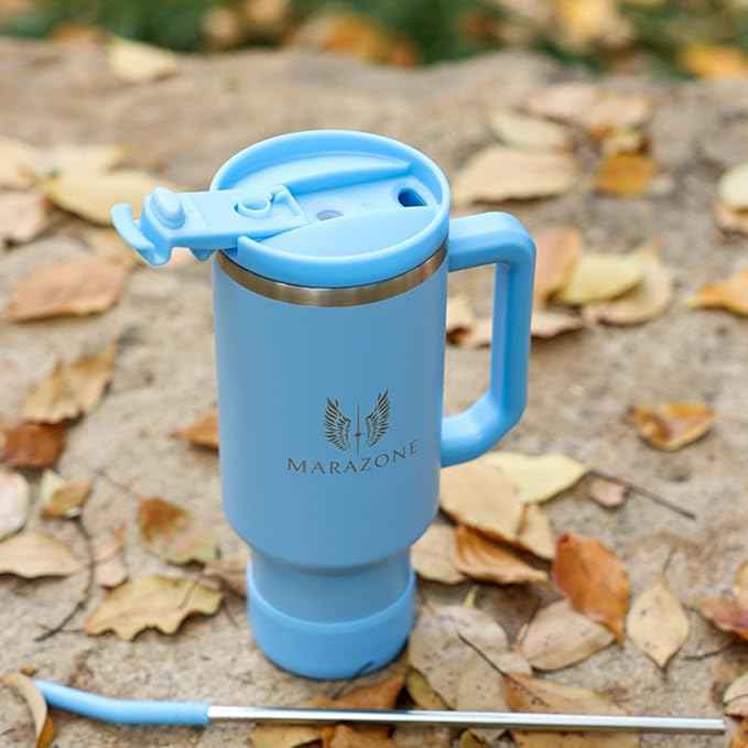 MARAZONE 40oz Stainless Steel Travel Tumbler with Handle, Three-Position Lid, Straw with Silicone Tip, Vacuum Insulated Water Bottle for Hot & Cold Drinks, Great Gifts for Mom, Sky Blue