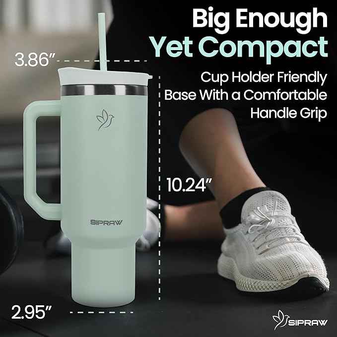 40oz Tumbler with Handle and Straw Insulated Stainless Steel Travel Mug Vacuum Double Wall Coffee Cup Leak Resistant Lid BPA-Free Cup Holder Friendly for Hot & Cold Drinks, Pastel Green