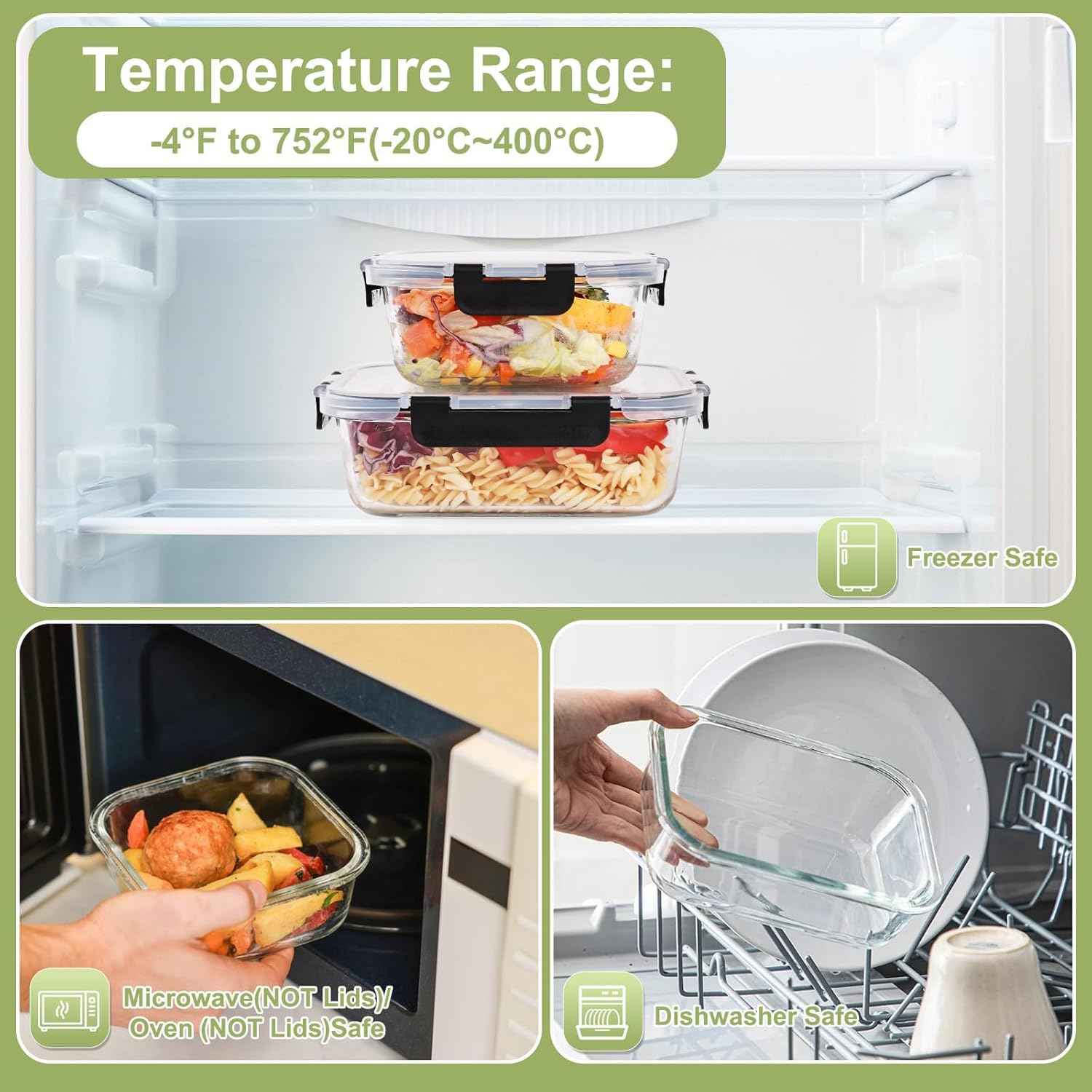 Liuruiyu 8 Pack Glass Food Storage Containers with Lids, Meal Prep Containers, Airtight Bento Boxes with Leak Proof Locking for Microwave, Oven, Freezer and Dishwasher, BPA Free
