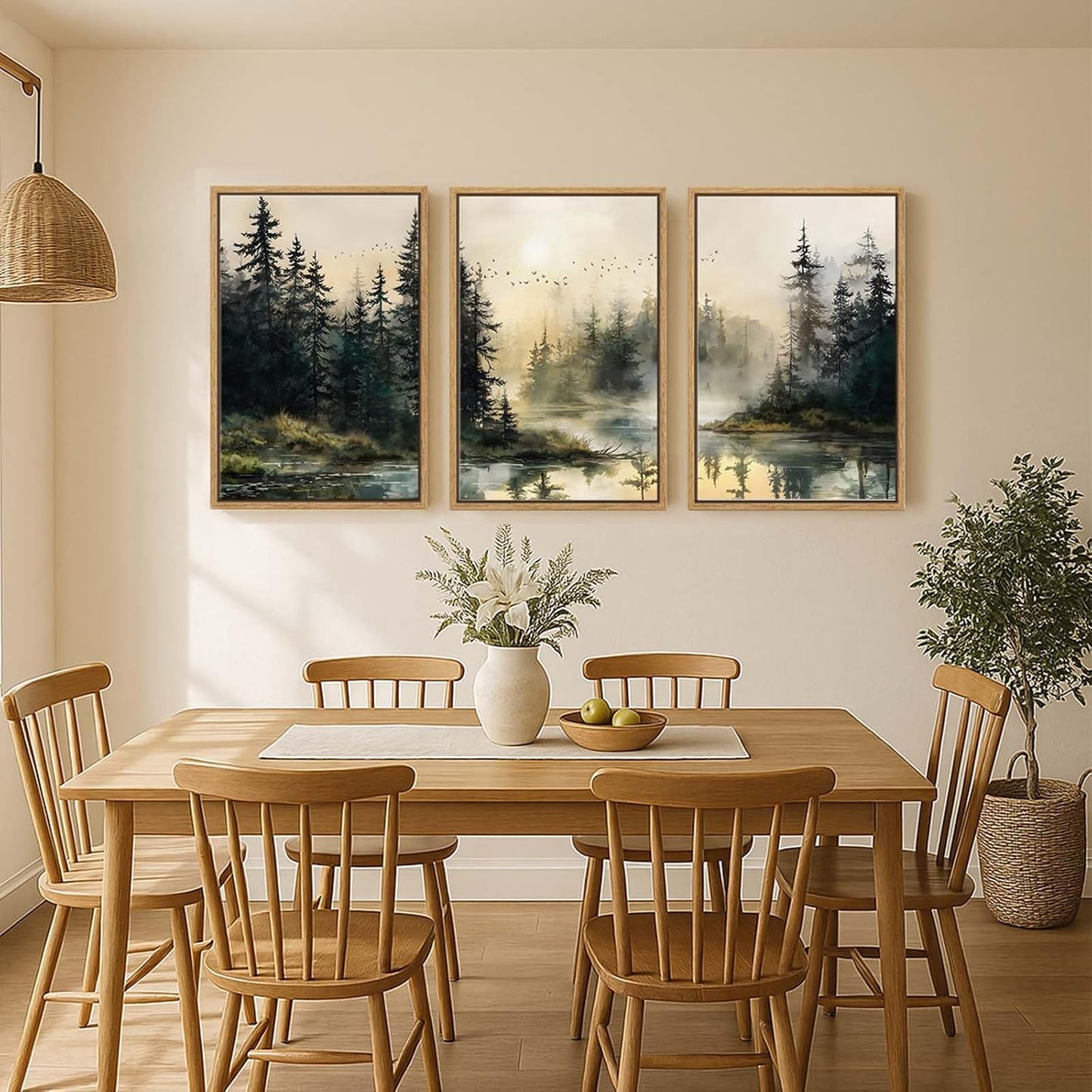 Framed Forest Landscape Wall Art for Living Room, Large 3 Piece Misty Pine Tree Nature Scenic Artwork for Walls, Rustic Woodland Sunset Canvas Painting Prints for Office Bedroom Wall Decor, 24x36 Inch